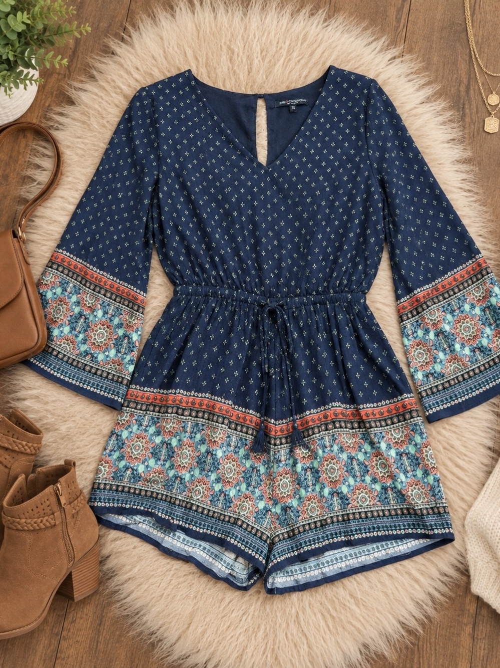 Navy Printed Bell-Sleeve Romper with Drawstring Waist